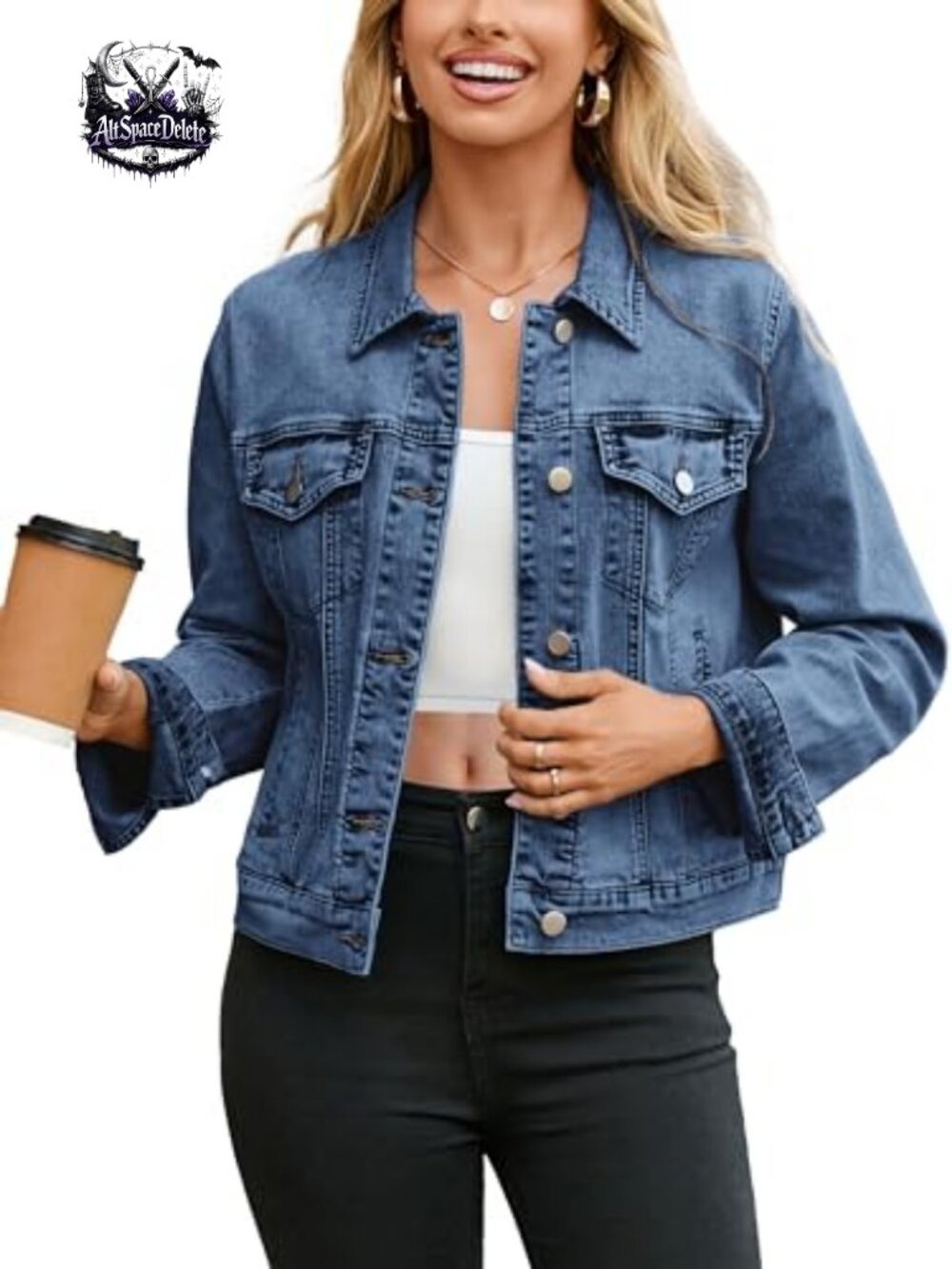 Womens Denim Jean Jacket Long Sleeve Button Down Fitted Western Coat Pockets